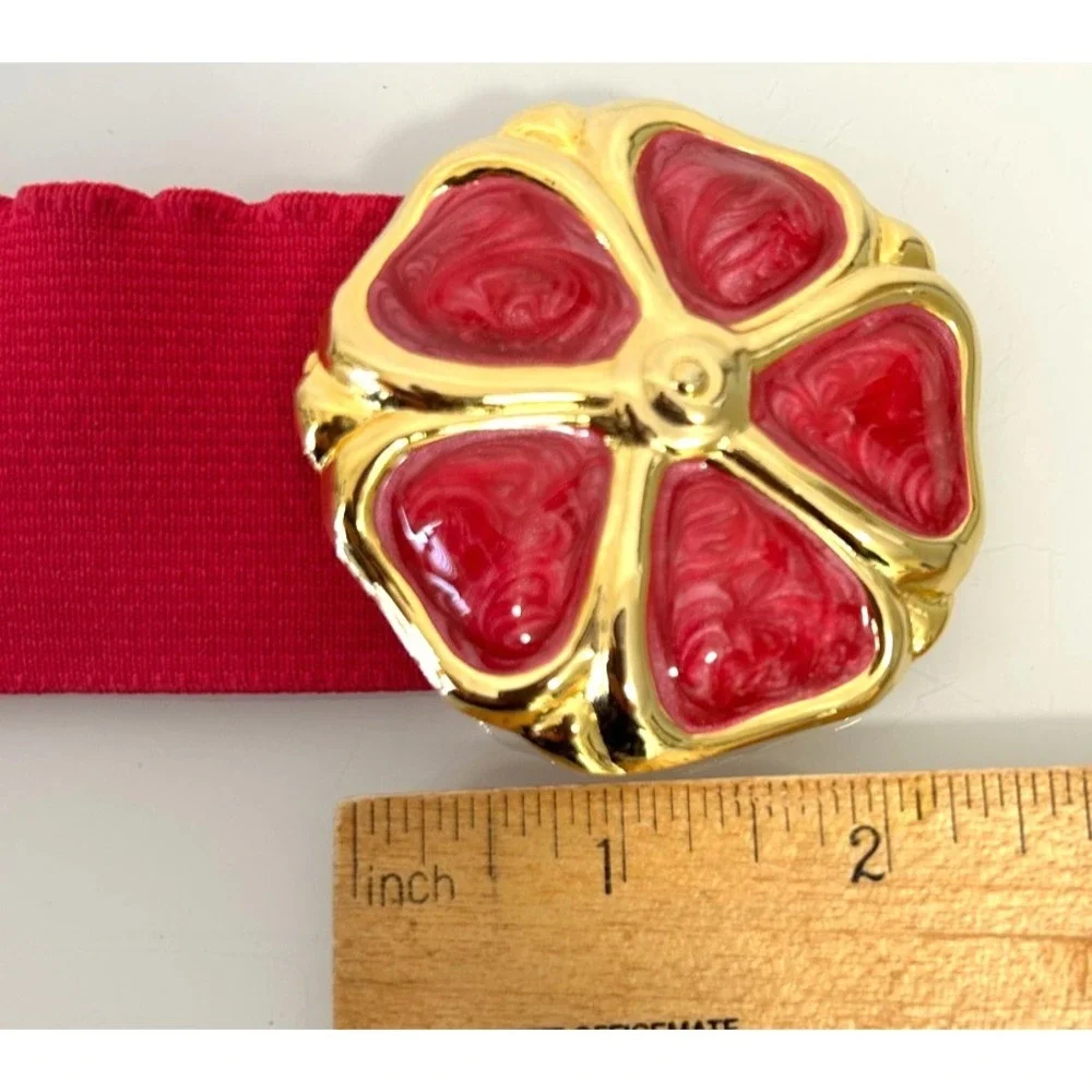 VTG Day Lor USA Pink Enamel Floral Statement Belt M Wide Cinch Stretch Retro 80s